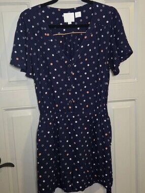 Anthropologie - Navy Polka Dot Romper with White and Orange Polka Dots